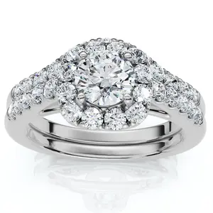 1 1/10Ct Cushion Halo Diamond Engagement Ring & Matching Band Gold/Pt Lab Grown