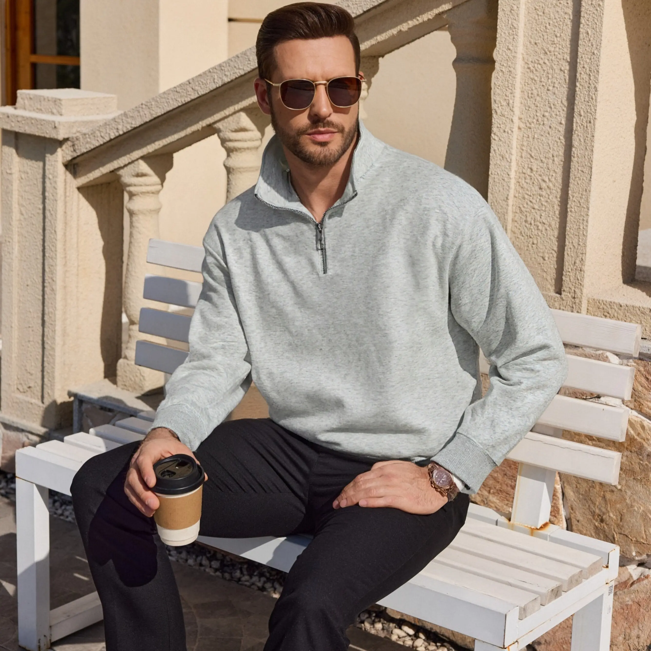 Men's Quarter-Zip Pullover Sweatshirt Soft & Breathable Polo Collar Long Sleeve Versatile Layering Piece for Casual & Work   Menswear Tops
