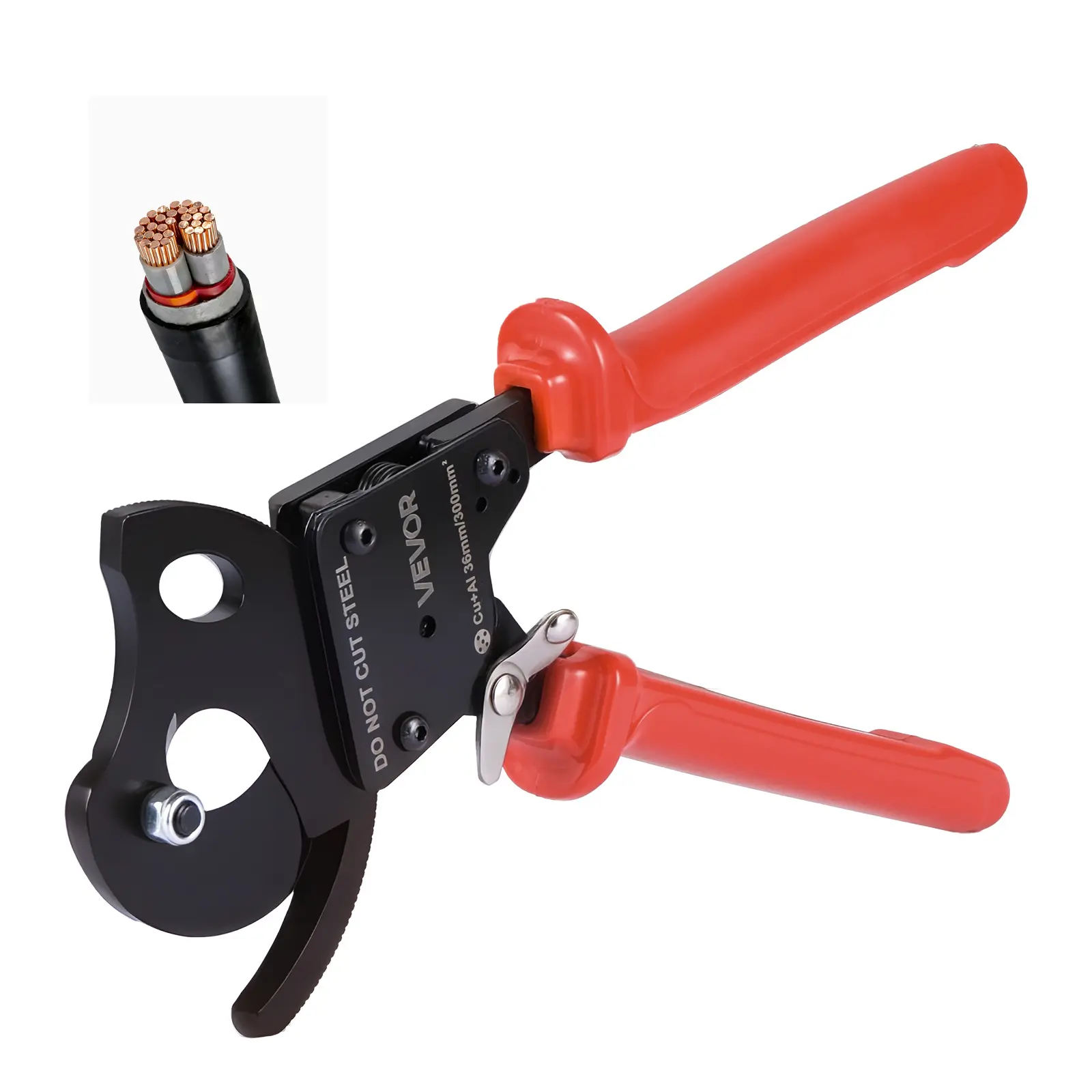 【summerfinds】VEVOR Ratcheting Cable Cutter, Spring Steel Blades with PVC-Coated Handles, Quick-Release Button, Heavy Duty Ratchet Cable Wire Cutter for Cutting Copper & Aluminum Cables Up to 600 MCM / 300 mm²