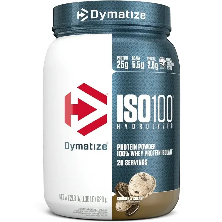 Dymatize ISO100 Hydrolyzed Whey Isolate Protein Powder - Smooth, Sucralose-Free, Prop 65 Safe, Cookies & Cream Flavor, 20 Servings, Metabolism-Boosting Dietary Supplement for Adults, Mixes in Water/Milk, All Ages, Single Item