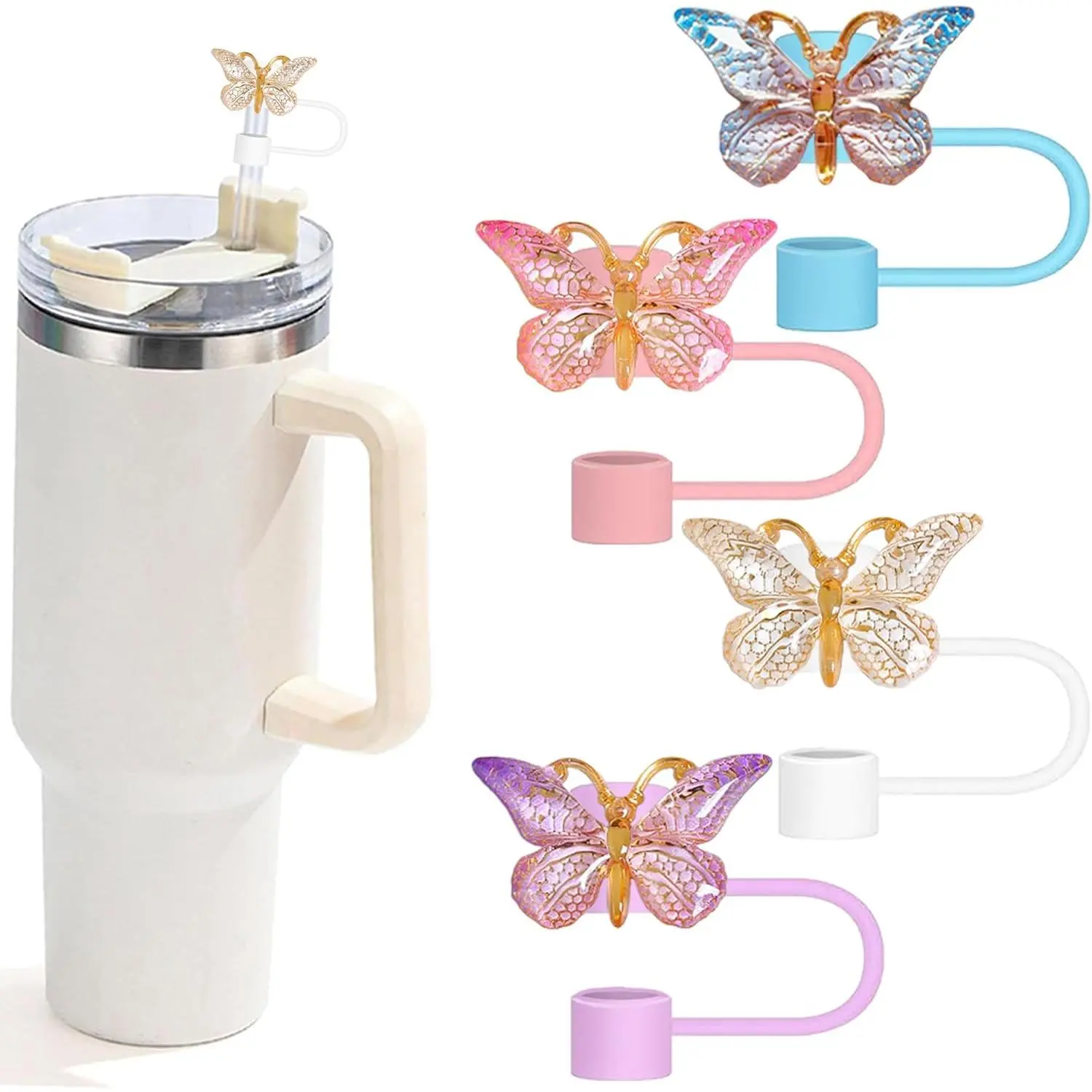 Butterfly Straw Toppers, Cute Butterfly Straw Covers Compatible with  Cups 30&40 Oz Tumbler with Handle,   Drinking Tips Accessories