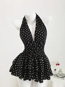 Women’s Black White Polka Dot Halter Mini Dress - Deep V Neck Backless Ruffle Hem Summer Vacation Party Dress for Women, deep v neck dress women, backless summer dress women, ruffle hem dress women