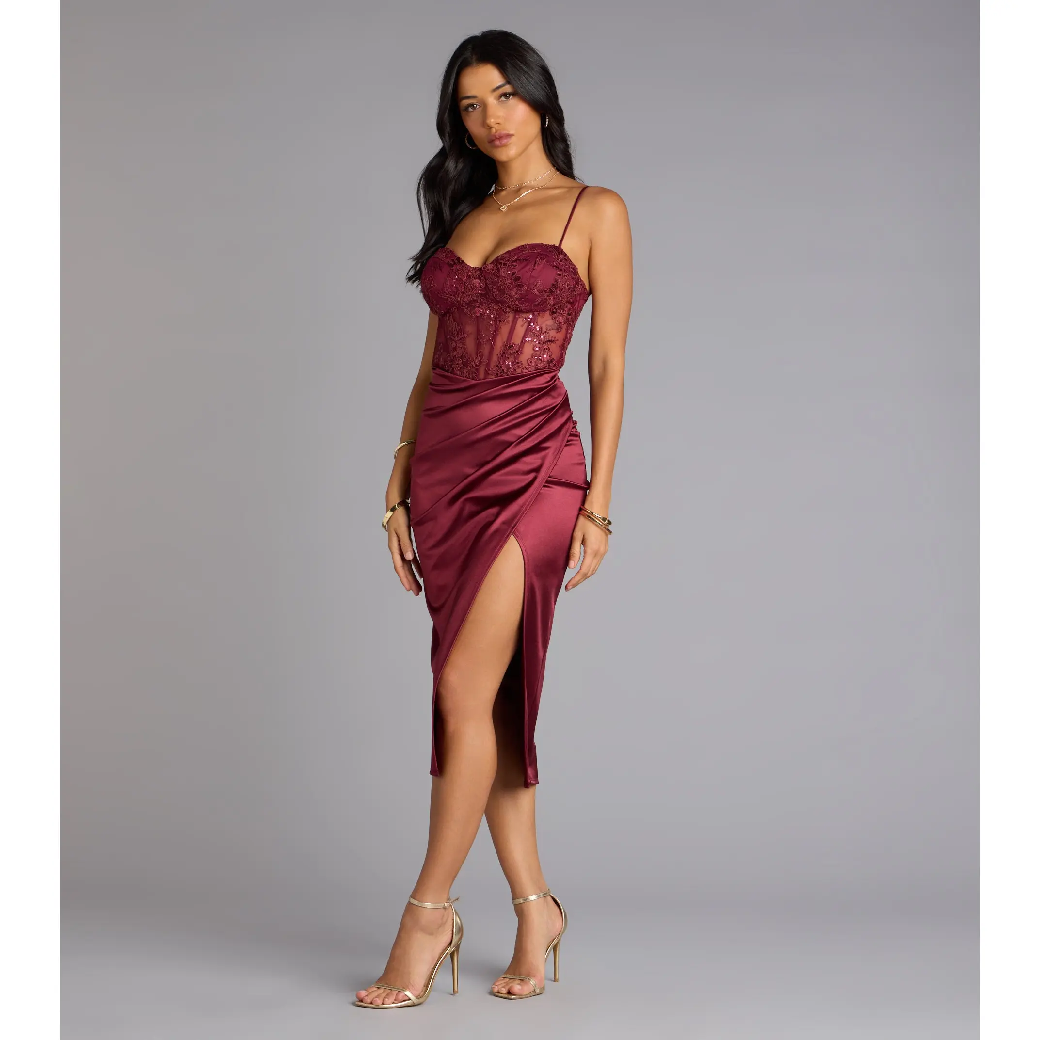 Elena Corset Satin Midi Formal Dress