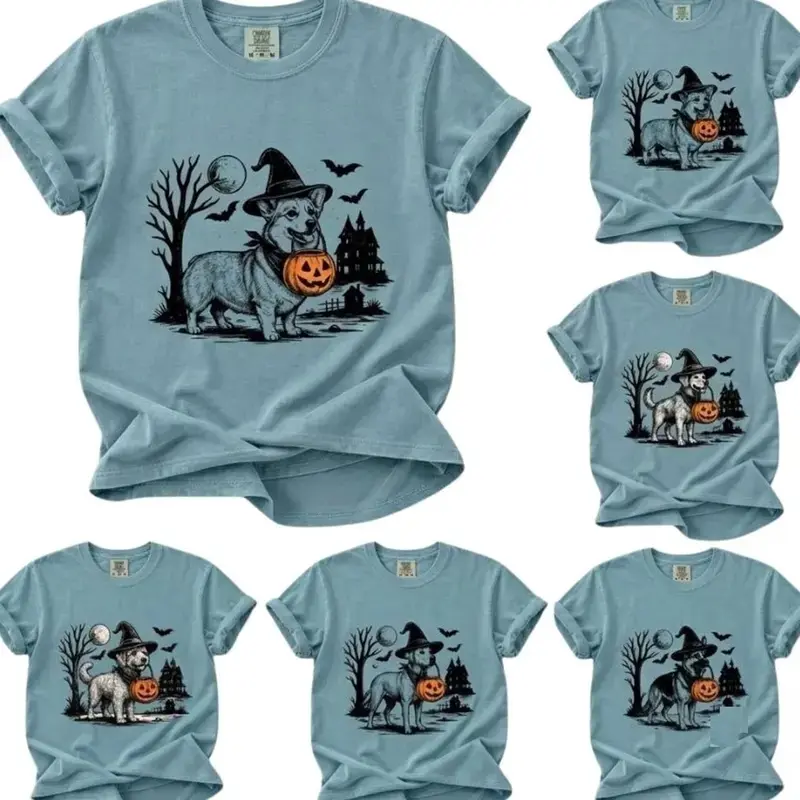 Menswear Classic Seamless Short-Sleeve Cotton Comfort Colors Chambray Halloween T-Shirt - Fits 30+ Dog Breeds, Spooky Season Top, Unisex Tee with Cute Dogs in Witch Hats, Jack-O'-Lantern Buckets, Haunted House, Moon, Bats, Bare Tree Graphic Art