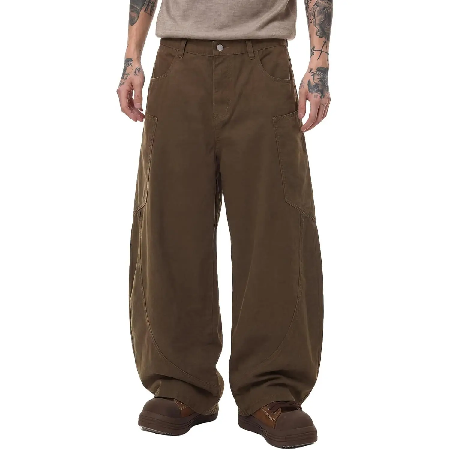 Men's Cotton Fabric Wide-Leg Pants - Elastic Waist, Pleated, Baggy, Casual Long Trousers with Pocket, Lightweight Cotton Men's Pants, Extreme Baggy Men's Pants
