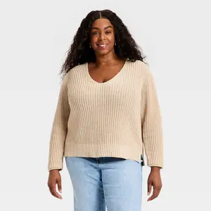 Women's Wide V-Neck Pullover Sweater - Universal Thread Oatmeal 3X