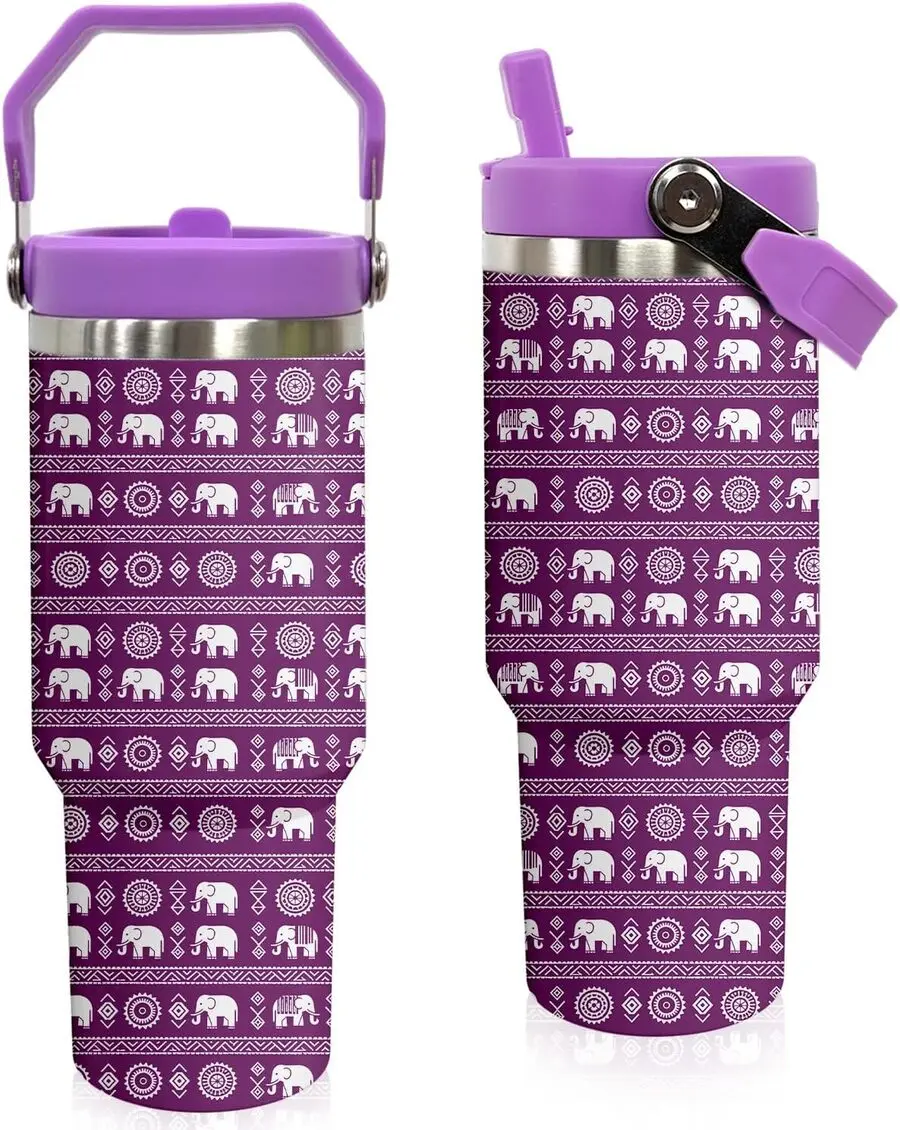 30 oz Insulated Stainless Steel Water Bottle Tumbler - Handle, Flip Straw, Leak-Proof Cover, Portable Boho Elephant Themed Drinkware, Birthday Gift for Boho Elephant Lovers, Travel Coffee Mug