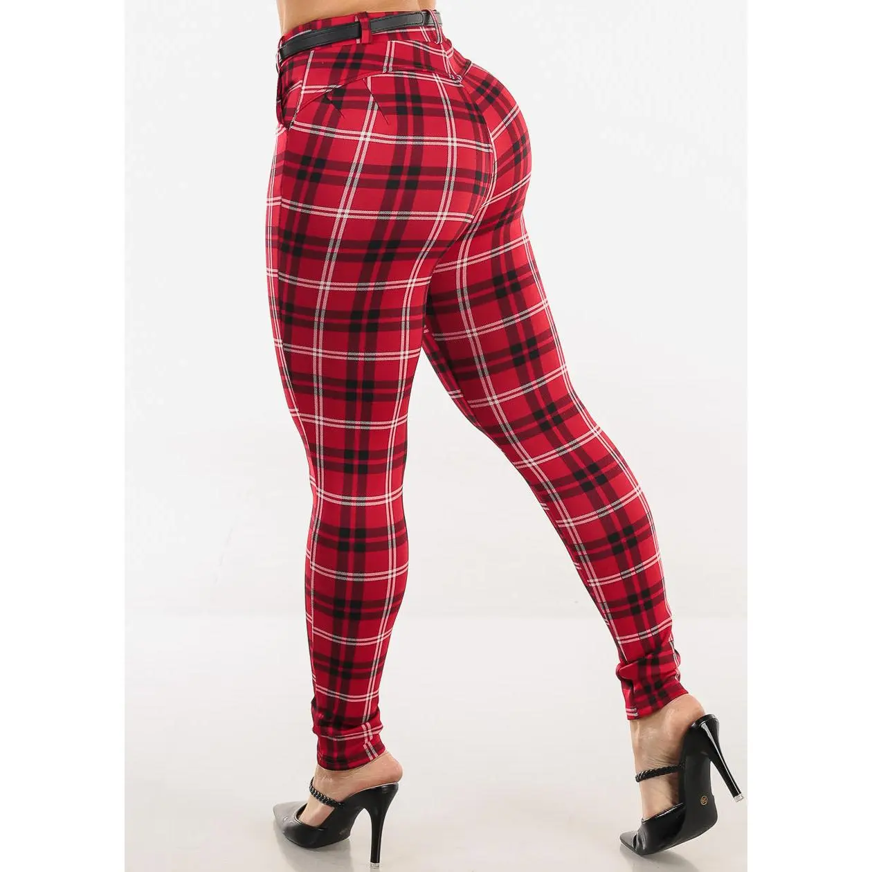 Push Up Stretchy Plaid Skinny Ankle Pants Red