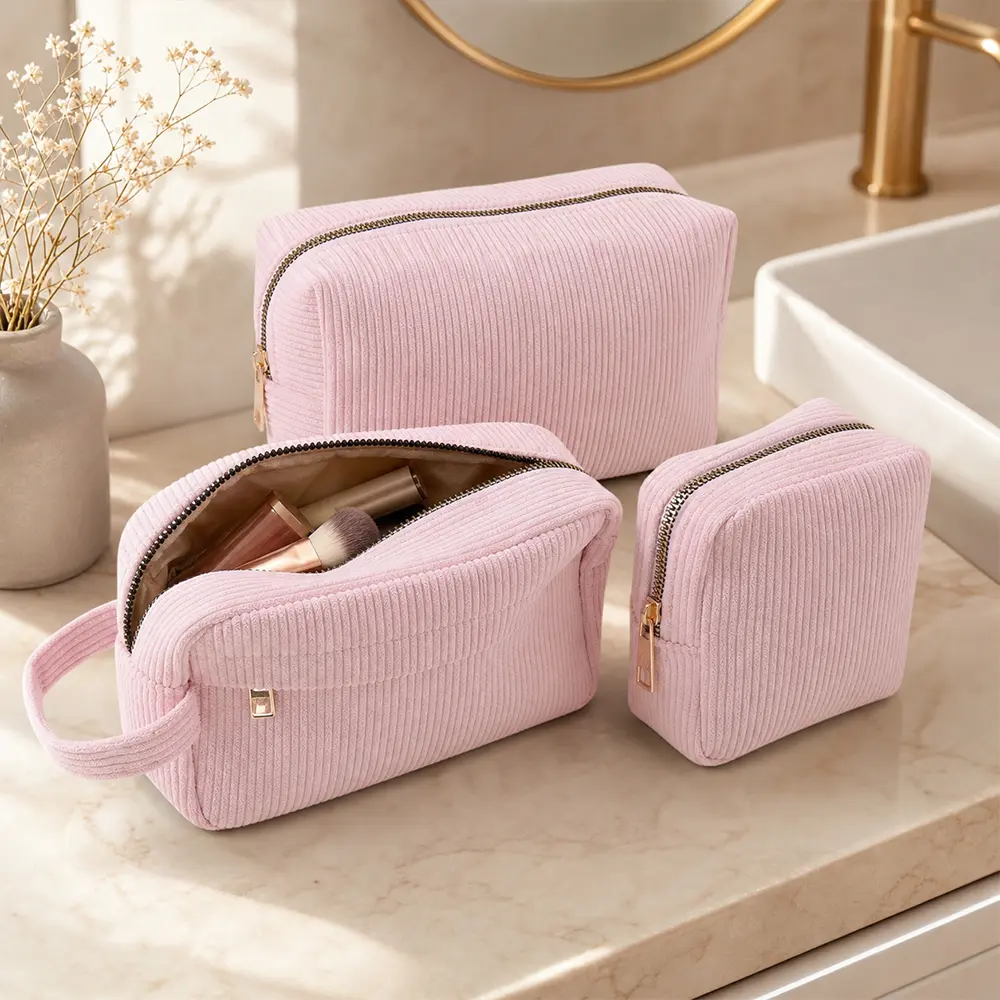 3PCS Small Makeup Bag for Purse Mini Cosmetics Bag Corduroy Cute Cosmetic Pouch for Women with Slip-in Pockets