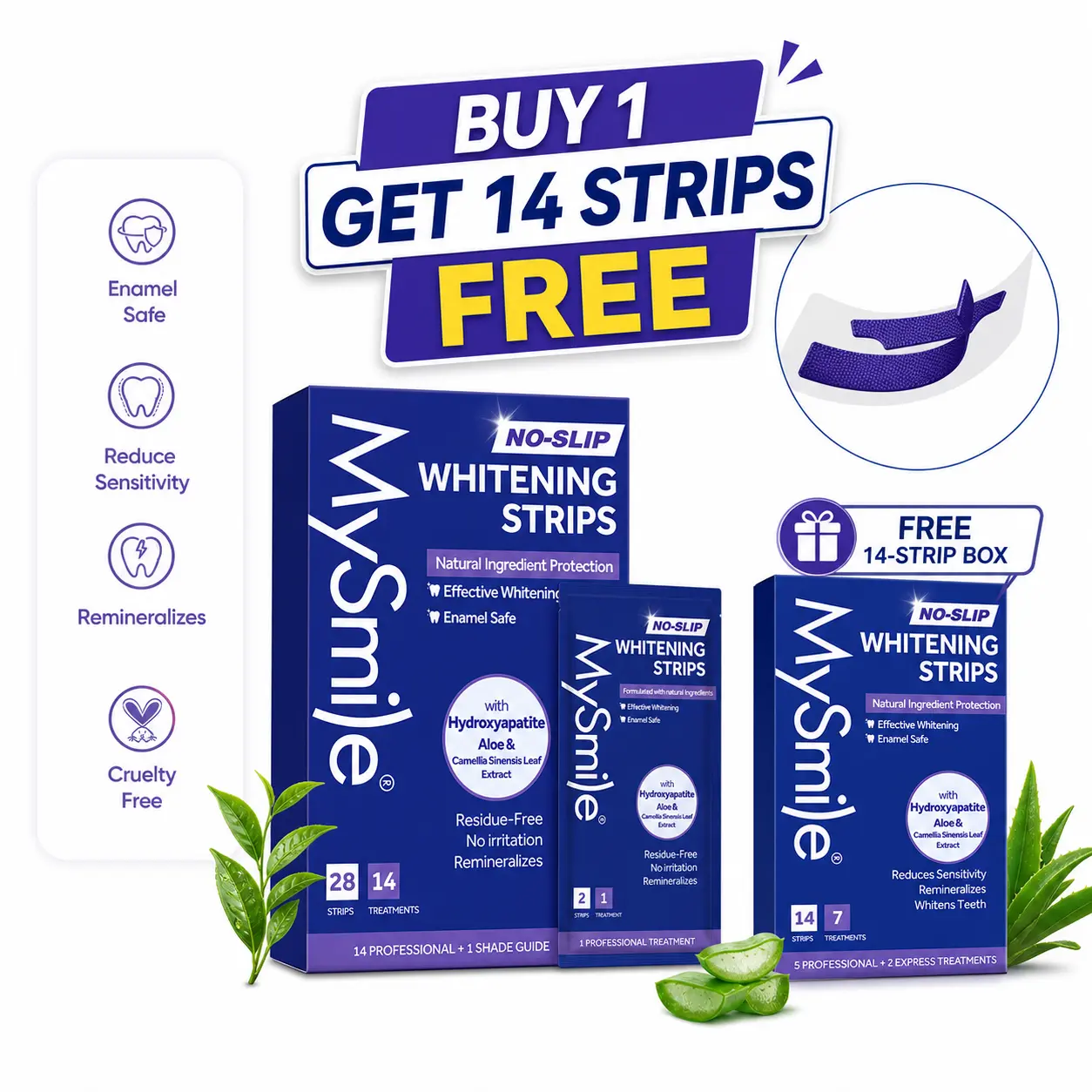 MySmile 14 Treatment No-Slip Purple Teeth Whitening Strips( 28 strips), Reduce sensitivity, Non-Peroxide, Plant-Based, Gentle teeth whitening Buy 1 Get 1 FREE REGULAR WHITE STRIPS