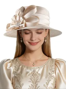 1pcs Women's Wide Brim Rhinestone Church Hat Statement Fascinator for Wedding Chapel Baptist Sunday Service