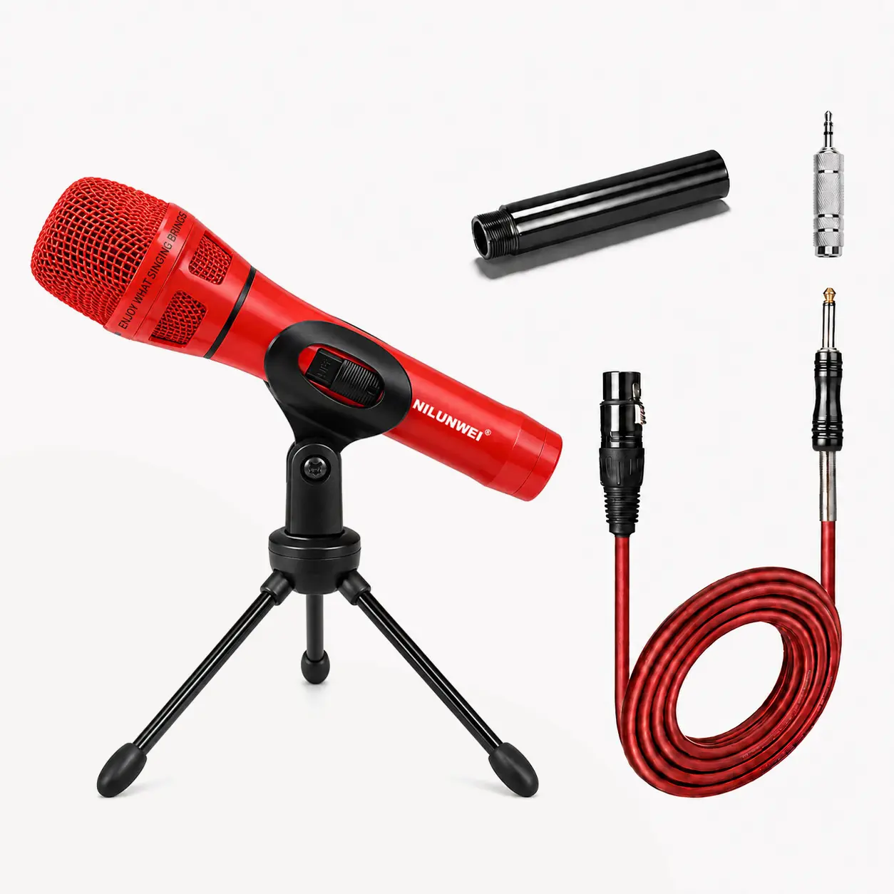 NILUNWEI YS-36D Dynamic Cardioid Directional Wired Vocal Microphone with 14ft XLR to 1/4in Audio Cable, Desktop Tripod Set, Extension Rod, Storage Bag (Red, XLR Input)