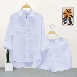 Women's Casual 2-Piece Set - Fashionable White Long-Sleeve Shirt & Shorts Combo for Summer 2026, Plus Size, Ideal for Home & Casual Wear