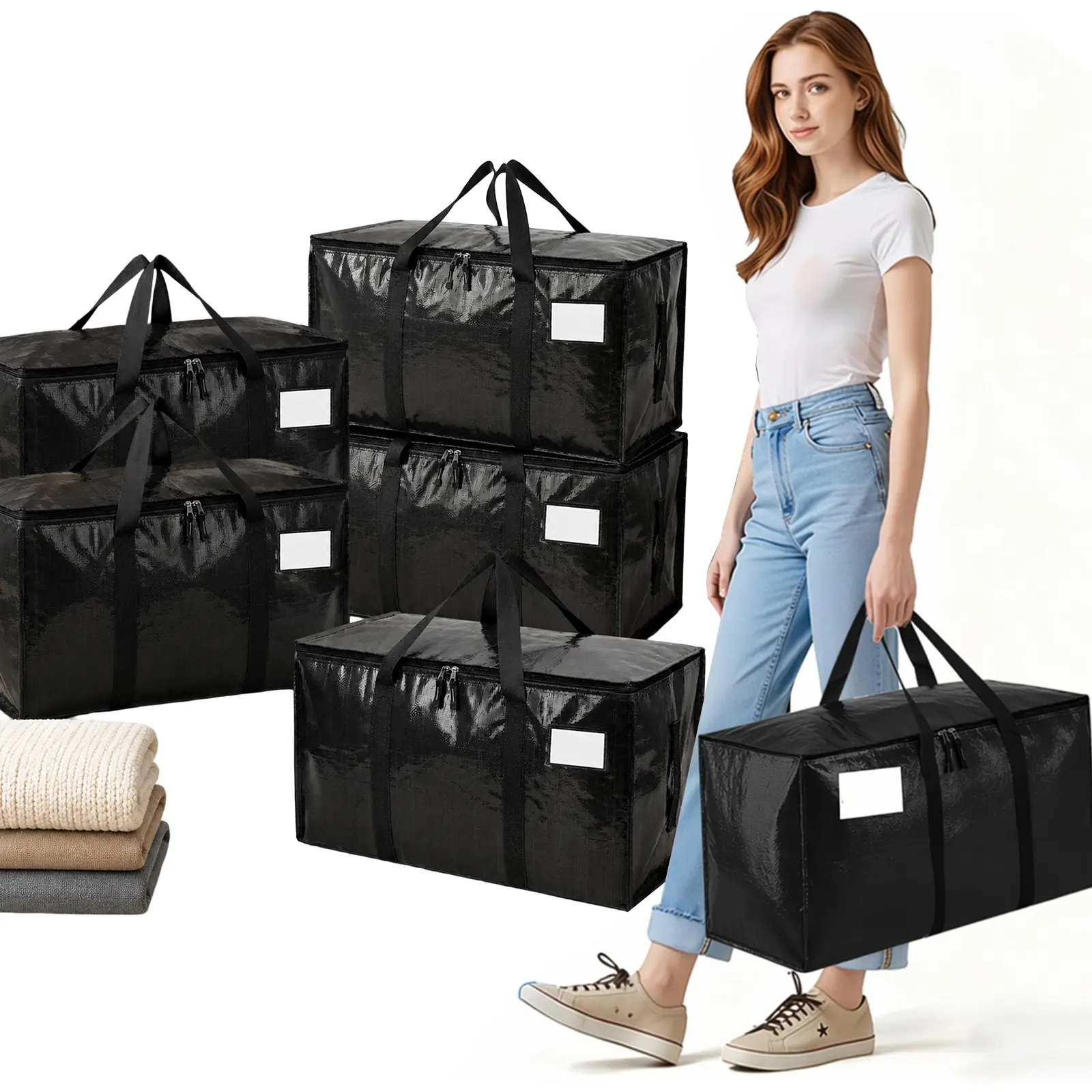 Black 6 Pack PE Heavy Duty Moving Bags, Spacious Zipper Storage Totes with Reinforced Handles, Foldable Organizers as Practical Box Alternative for Dormitory, Camping and Travel Use
