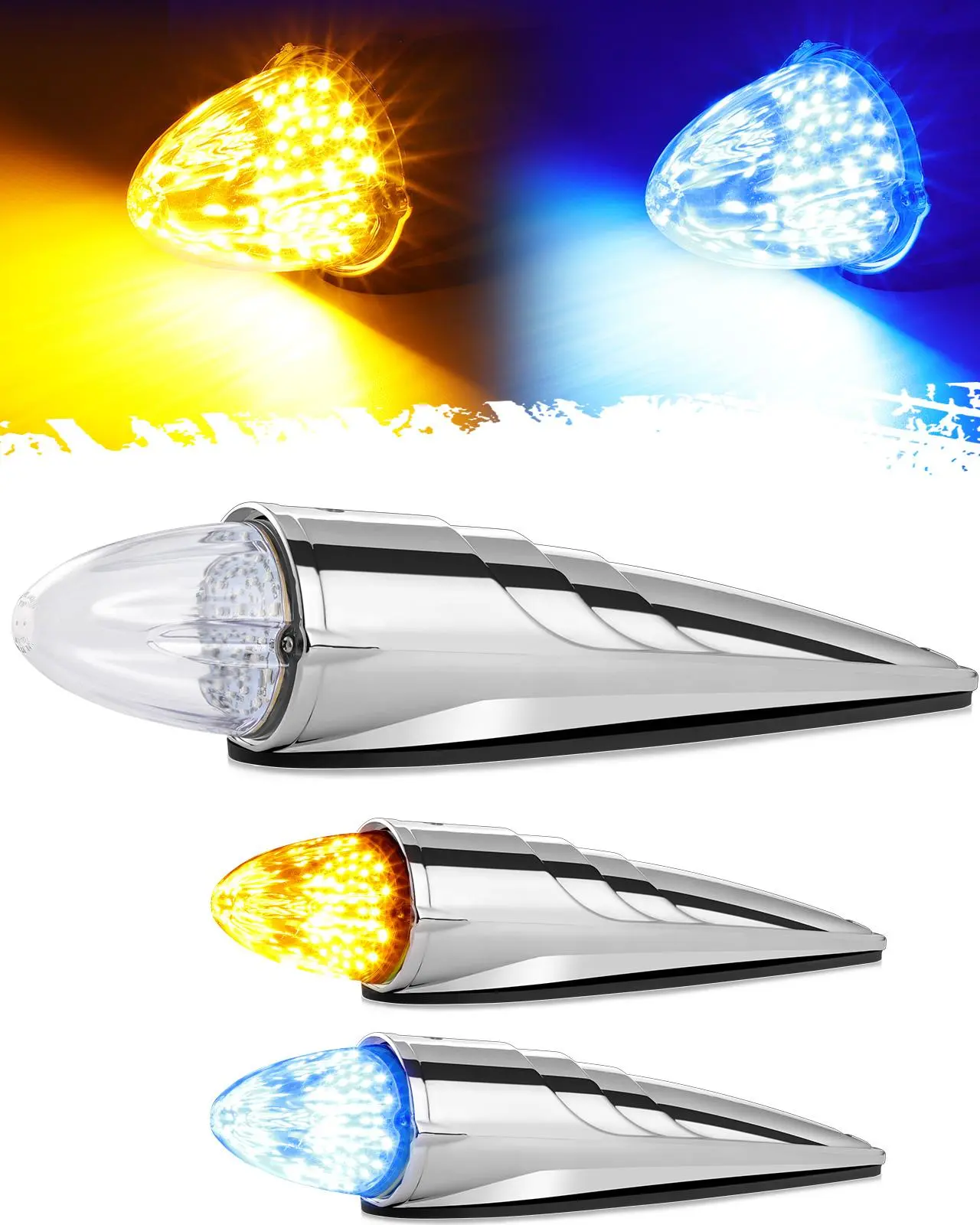 Partsam Cab Light, 1Pc 30 LED Dual Color Chrome Torpedo Cab Marker Roof Running Top Light, Heavy Duty International Truck Replacement, for  /Peterbilt/Freightliner/Mack (Amber/Blue)