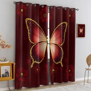 Luxurious Valentine's Day Curtains, Polyester Fabric Half-Opaque Butterfly Print, Suitable for Bedroom Living Room Kitchen, Window Curtain
