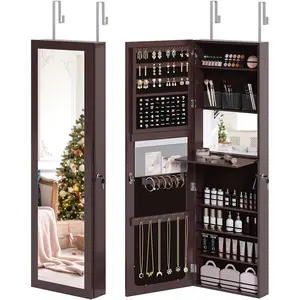 Bonnlo Jewelry Armoire Organizer with Mirror, Space-Saving 2 in 1 Wall Mounted/Door Hanging, Jewelry Cabinet with Keys, Chic Bedroom Furniture & Gift for Women Cosmetics Storage Cabinet (Brown)
