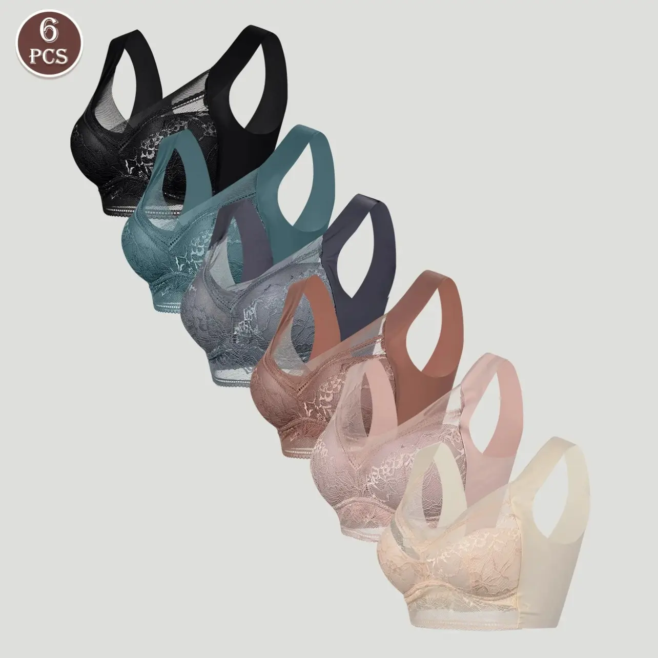 Women's 6-Pack Wireless Lace Bras - Soft, Seamless, Wide-Strap, Full-Coverage, No-Underwire Comfort Sleep & Everyday Bralette