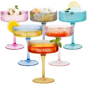 Art Deco Colored Vintage Coupe Glasses Set of 6, Ribbed Crystal Handmade Martini, 7 oz Cocktail & Champagne Glasses, Perfect for Dessert, Manhattan, Cosmopolitan, Gimlet, Pisco Sour -210ml