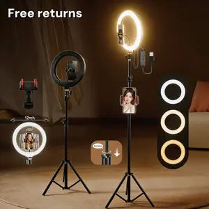 12 Inch LED Ring Light with Extendable Tripod Stand to 180cm, Phone Holder Included, Adjustable Brightness and Color for Home Studio, Video Recording, Makeup Tutorials, Bedroom Desk, Study Desk, Father’s Day#Summer Wins