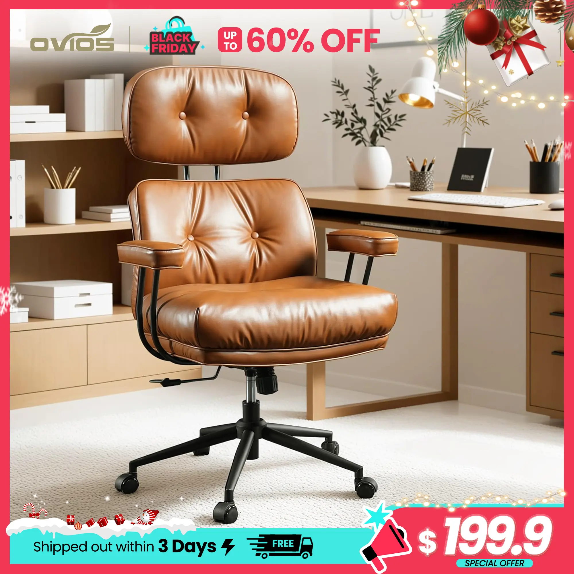 【Summer Vibes】Ovios Oversized Home Office Chair, Extra-Wide Seat, Built for Big & Tall Comfort, Mid-Century Modern Faux Leather Chairs with Thickened Cushions, Comfy High Back Swivel Rolling Executive Computer Armchair