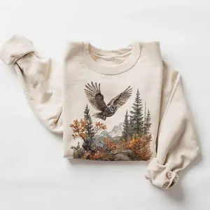 Retro Great Grey Owl Fall Mountain Scene Sweatshirt - Nineties 90s Vintage Birds Of Prey Forest Cotton Pullover