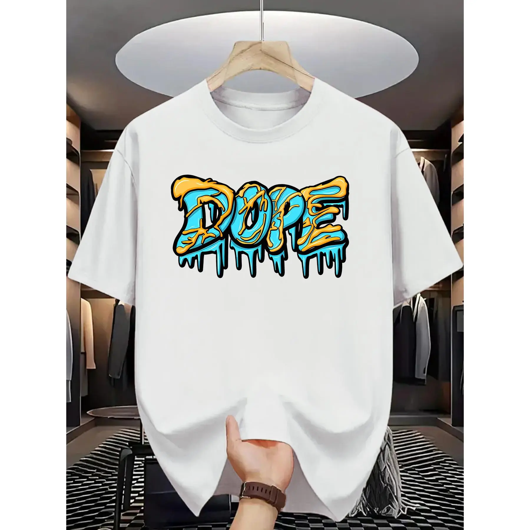 Men's Summer Casual Short Sleeve T-Shirt with Bold Drip Letter Graphic Print - Vibrant Turquoise, Regular Fit, Machine Washable, Comfortable Fit Shirt