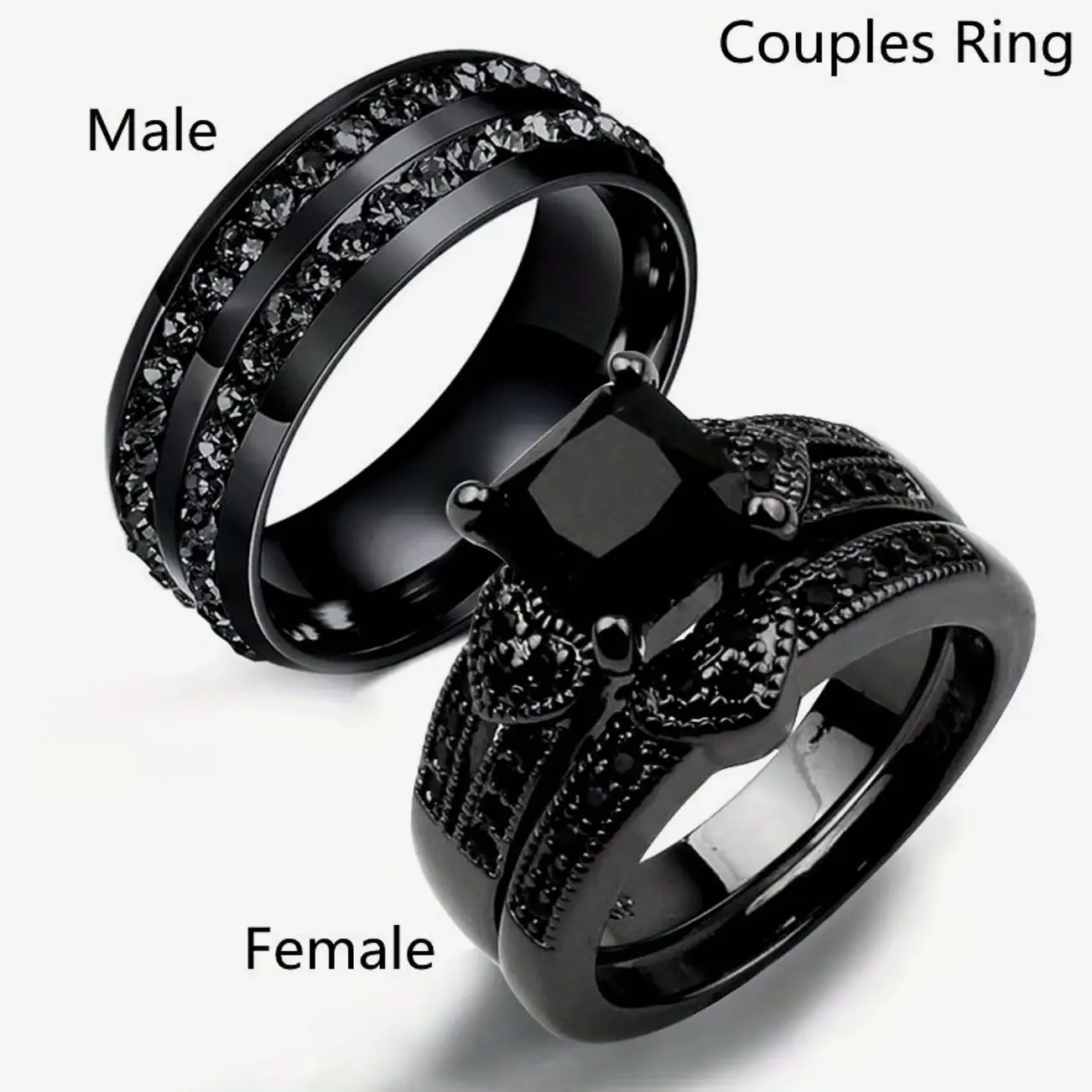 Couple Ring Set, Black Heart Crystal Women's Band & Men's Double Row CZ Ring, Wedding Jewelry Gift