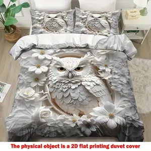 King Queen Style Bedding Set, Owl Print Quilt Cover & Pillowcases, Polyester, Bedroom Decor, Birthday Gift
