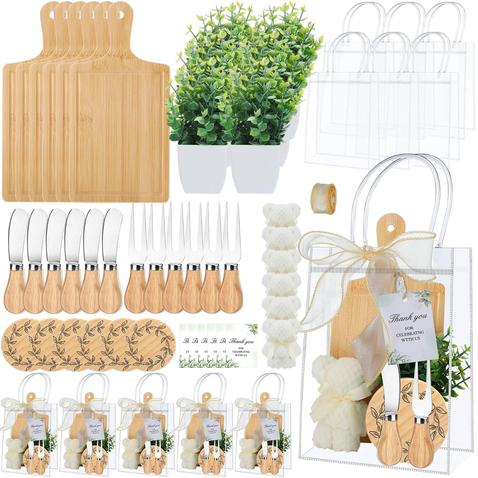 6 Pcs Wedding Gift Mini Cheese Board Baby Shower Prizes Set Cutting Board with Bamboo Spoon Plaid Towel Artificial Eucalyptus Stems Tag Bag Thank You Gift Box for Couple  Guest,Wedding Party Bridal Shower Favors Supplied,Anniversary Birthday Gift