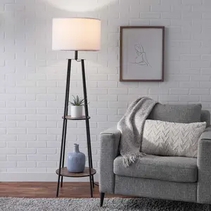 Mainstays Etagere 62" Matte Black Mid-Century Style Floor Lamp, with 2 Wood Shelves, Brighten Your Space, Organize with Grace – 2-in-1 Floor Lamp!