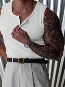 Men's Sleeveless Henley Neck Waffle Texture Stretchy Fashion Slim Fit Tank Top, Basic Stretch Bodycon Casual Vest, Solid Color