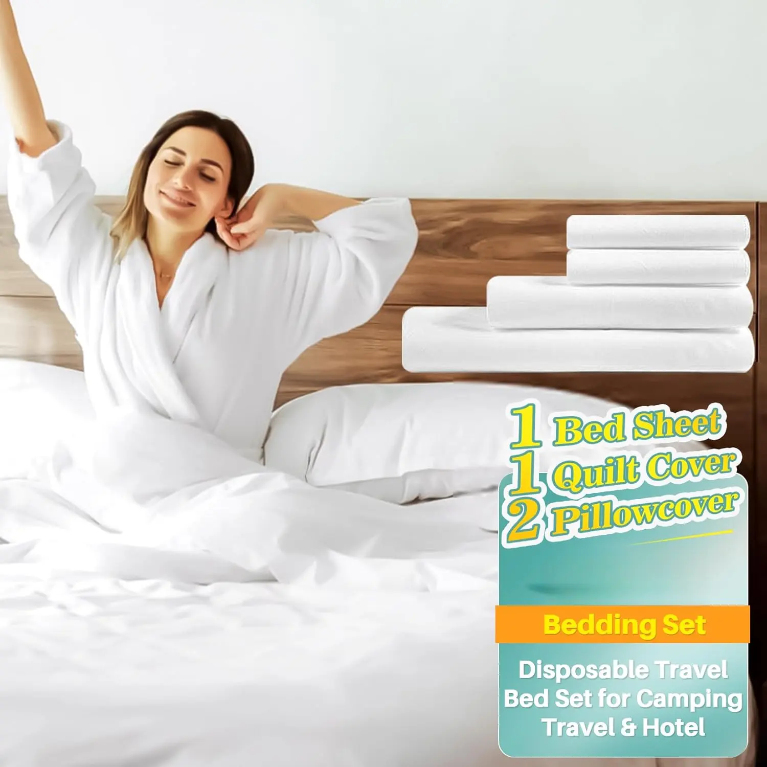 Travel Bed Set - 4 count Disposable Bedding Set 1Bed Sheet 1Quilt Cover 2Pillowcover Breathable Bedding Sheets Portable for Camping Travel & Hotel