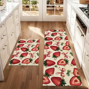 2Pcs Spring Strawberry Watercolor Painting Floor mat set including farmhouse kitchen Rug dining room flooring laundry room decorative carpet mat Kitchen Area Rug Household Decorative Rug