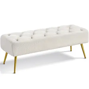 Costoffs Modern Boucle Upholstered Ottoman Bench with Padded Seat and Gold Metal Legs – Stylish Footrest Accent Seating for Living Room/Bedroom