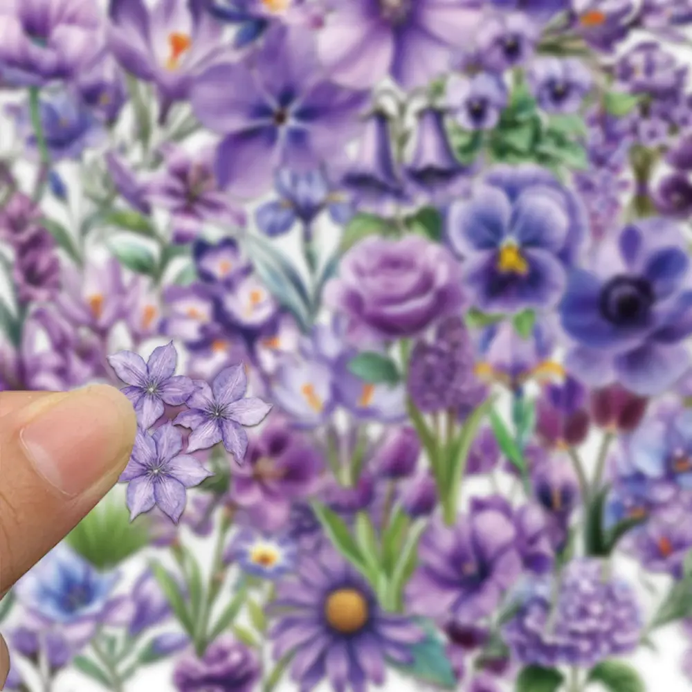 50pcs purple floral stickers, suitable for decorating luggage, refrigerators, mobile phones, waterproof PET stickers
