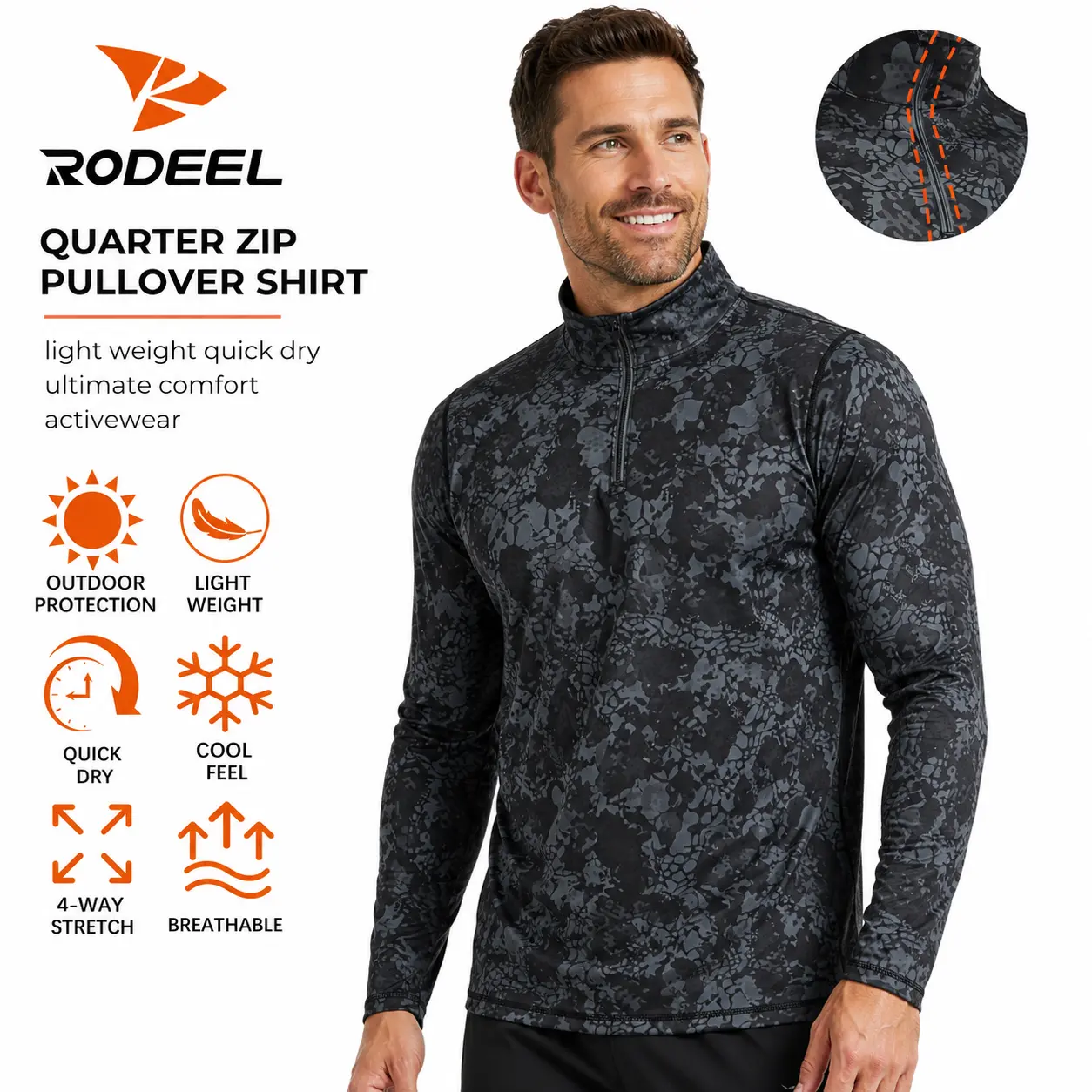 【RODEEL】935 Quarter Zip Long Sleeve Shirts Men UPF 50+ Sun UV Protection Lightweight Quick Dry Moisture Wicking Breathable Activewear for Outdoor Sport Workout Hiking Running Biking Fishing Boating SummerWins