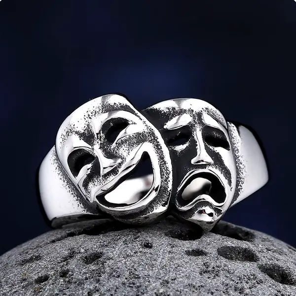 Retro 316L Polished Stainlesss Steel Smile & Cry Personality Ring (Size 6.75-13)