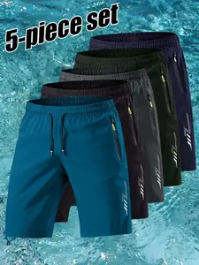 Men's Casual Sport Ice Silk Shorts Set, Lightning Reflective Print, Elastic Waist Drawstring, Side Zip Pockets, Summer Wear, Outdoor Activities