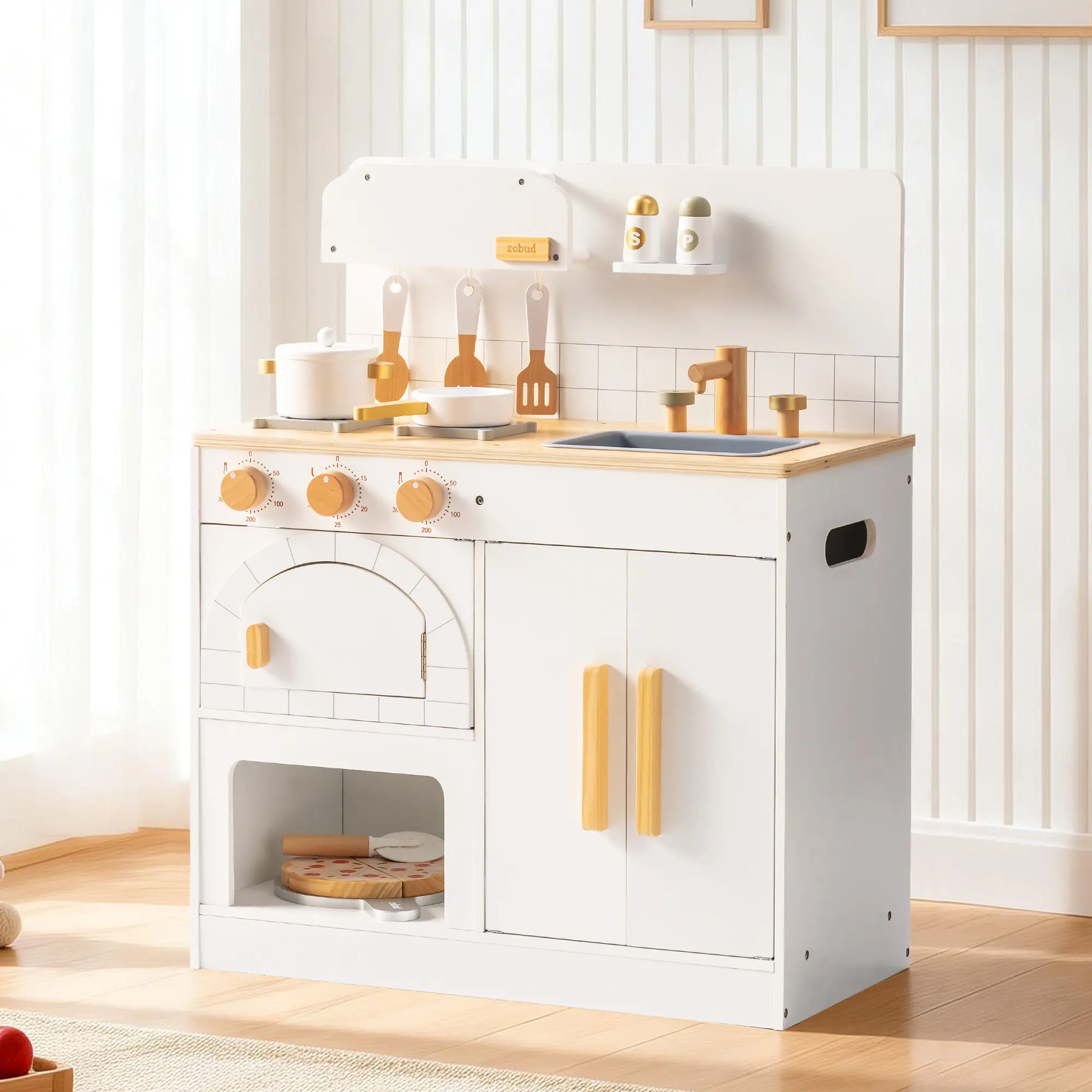 ROBUD Wooden Kids Play Kitchen with Pizza Oven, Realistic Water Faucet & Complete Accessories, Pretend Play Chef Kitchen Toy, Toddler Wooden Kitchen Playset for Little Girls Boys Gift，White