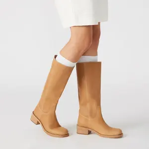 Women's Banana Knee High  Square Toe Chunky Block  Long  Wide Calf Riding  Low  Pull on Shoes boots heel Girl Footwear