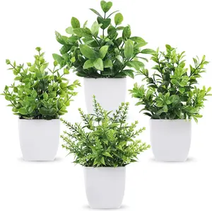 Der Rose 4-Pack Mini Plastic Artificial Faux Greenery Potted Plants, Decorative Fake Plants for Home Decor, Indoor Office Table
