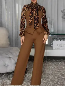Women's Elegant Two-Piece Set, Leopard Bow Blouse and Solid Color Pants, Casual Sexy Fitted, Slight Stretch Fabric, Perfect for Fashion Occasions