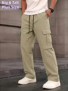 MenS Plus Size Casual Work Pants - Regular Length, Multi-Pocket Design, Drawstring Waist, Black And Khaki Color, Suitable for All Seasons, Big & Tall Trousers