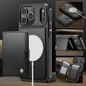 Magnetic Detachable Card Holder Case Protector for Apple iPhone 17 Pro Max, Business Leather Phone Cover with Foldable Stand, Anti-Drop & Wireless Charging
