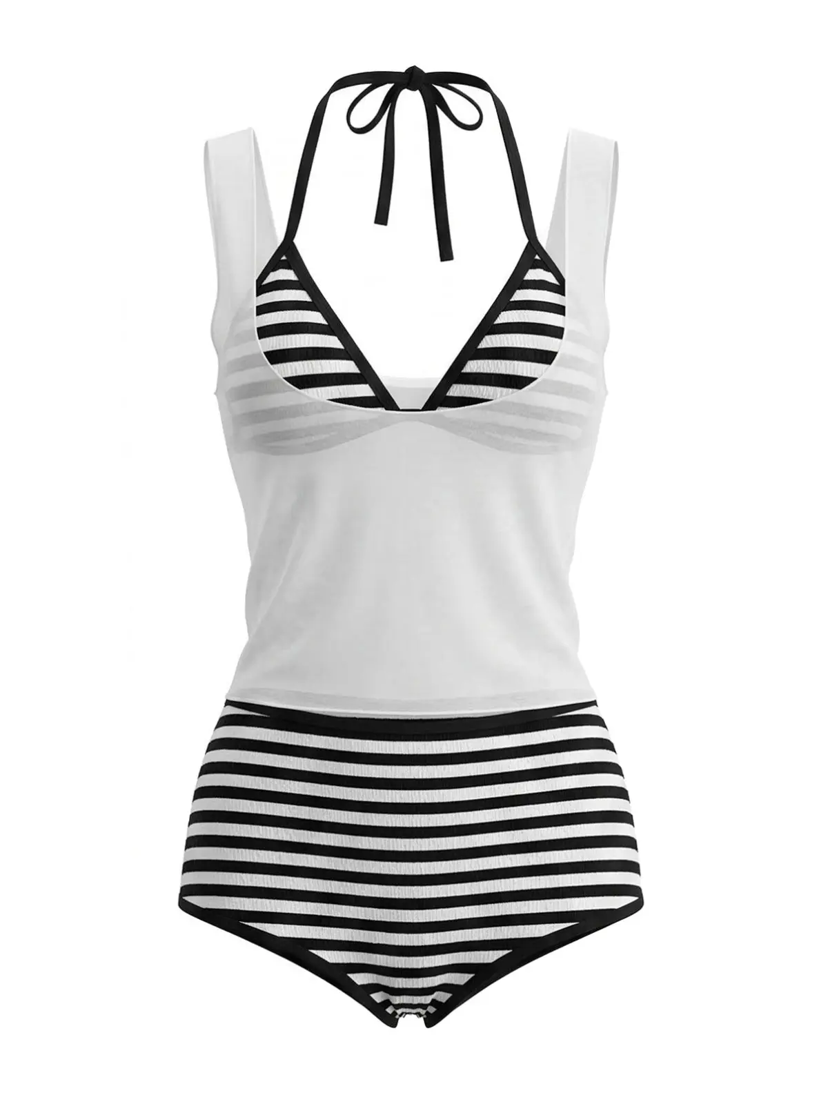 3PCS 1980s Striped Bikini Set & Sheer Cover-Up Tanksummer outfits beach essentials vacation outfits Fashion Beachwear Swimwear Chic Swimsuit Set tiktokshopbacktoschool BackToSchool