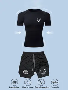 Men's Sporty Tight-Fit Quick-Dry Tee & Multi-Pocket Shorts Set, Ideal for Gym Running Training Fitness, Summer Outdoor Activities, Athletic Workout Clothing, Quick Dry Activewear, Sports Wear Set
