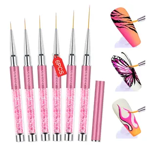 SAVILAND 6pcs Nail Art Liner Brushes Set with Crushed Diamond Handle for Gel Polish Nail Design & Detailing (Sizes 7/9/11/13/17/23mm)
