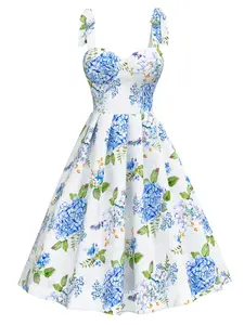 RETRO STAGE Women's 1950s Blue Floral Organza Hydrangea Lace-Up Dress - Polyester Lady's Spring Gown with Zipper for Wedding Guests, Birthday Events