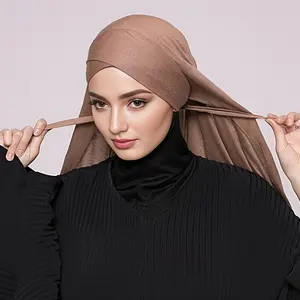 Thin Breathable Solid Color Jersey Hijab, Soft Cozy Lace-up Boho Headscarf for Women with Forehead Crisscross Sunscreen Head Wrap Muslims Modesty